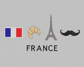 Puede incluir: Una ilustración gráfica de una bandera francesa, un croissant, la Torre Eiffel y un bigote negro con la palabra "FRANCIA" debajo.