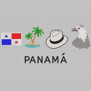 Könnte beinhalten: Ein Grafikdesign mit einer panamaischen Flagge, einer Palme auf einer Insel, einem weißen Panama-Hut und einem grauen Adlerkopf. Der Text "PANAMÁ" befindet sich unter den grafischen Elementen.