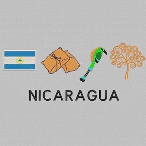 May include: A blue, white, and green flag of Nicaragua with a triangle in the center.  Two brown burlap sacks are tied with twine. A green and blue bird with a long beak is facing a stylized brown tree with curly branches. The text "NICARAGUA" is below the images.