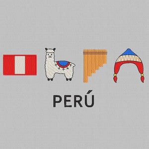 Puede incluir: Una bandera roja y blanca, una alpaca blanca, una flauta de pan marrón y un gorro rojo y azul con borlas rojas. El texto "PERÚ" está debajo de los iconos.