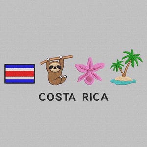 Costa Rica Embroidery Design, Flag embroidery, Sloth, Guaria Morada flower design,Costa Rica embroidery design, Instant download, 3 Sizes