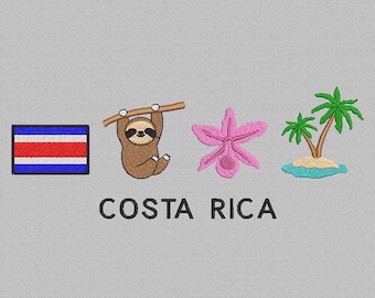 Diseño de bordado de perezoso con la bandera de Costa Rica y flor de guaria morada (descarga instantánea)