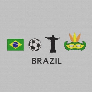 May include: A green, yellow, and blue Brazilian flag, a black and white soccer ball, a black silhouette of the Christ the Redeemer statue, and a green and yellow carnival mask with orange feathers. The text "BRAZIL" is below the icons.