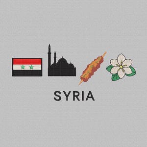 May include: Embroidered design featuring the Syrian flag, a mosque silhouette, a kebab, and a white flower with green leaves. The word "SYRIA" is printed in black below the images. The design is on a gray background.