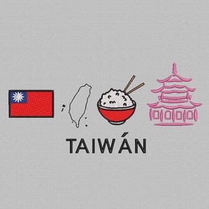 Könnte beinhalten: Eine grafische Illustration einer rot-blauen Flagge mit einem weißen Stern, einer weißen Umrandung von Taiwan, einer roten Schüssel mit weißem Reis und Essstäbchen und einem rosa Pagodentempel mit dem Wort "TAIWÁN" in schwarzem Text.