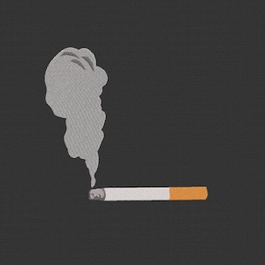 May include: A white cigarette with an orange tip is lit and emitting a plume of gray smoke against a dark gray background.