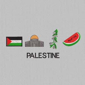 May include: A graphic design with the word "PALESTINE" in black text. The design features a Palestinian flag, a building with a gold dome, an olive branch, and a slice of watermelon.