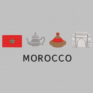 May include: A red flag with a green five-pointed star, a silver teapot, a brown tagine with a red lid, and a white archway with a pointed top. The text "MOROCCO" is below the icons.
