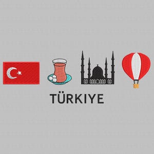 Op de afbeelding: Een rode Turkse vlag met een witte ster en halve maan, een glas Turkse thee met suikerklontjes, een zwart silhouet van een moskee met minaretten en een rode en witte luchtballon. De tekst "TÜRKİYE" staat onder de afbeeldingen.