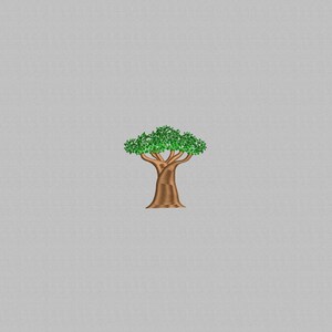 May include: An embroidered tree design featuring a brown trunk and branches with green leaves. The tree is centered on a light gray background, creating a simple, nature-themed image.