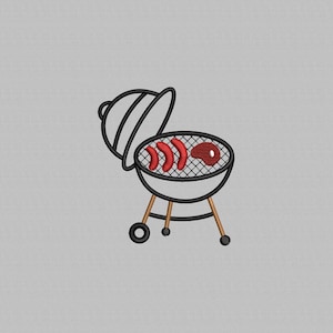 May include: An embroidered design of a black charcoal grill with the lid open. The grill contains three red sausages and a steak. The grill has wooden legs and a wheel on one side. The background is a solid light gray.