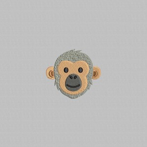 May include: Embroidered monkey face with a gray head, tan face and ears, and black eyes and mouth. The monkey's face is centered on a light gray background. This design is suitable for patches, appliques, or embroidery projects.