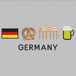 May include: A black and yellow German flag, a brown pretzel, a brown and white Brandenburg Gate, and a yellow beer mug with a white foam top. The text "GERMANY" is below the icons.