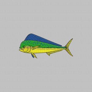 May include: Embroidered image of a mahi-mahi fish. The fish features a blue dorsal fin, a green back with yellow spots, and a yellow underbelly. The fish is depicted in profile, with its mouth open and fins extended, set against a gray background.