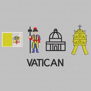 May include: Embroidered design featuring the Vatican flag, a Swiss Guard, a building outline, and a yellow papal tiara. The word "VATICAN" is displayed in black block letters below the images. The design is on a gray background.