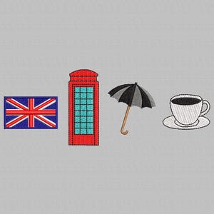 Puede incluir: Una cabina telefónica roja, un paraguas blanco y negro, una taza de té blanca y un platillo, y una bandera del Reino Unido.