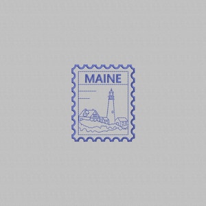 May include: A blue embroidered stamp featuring a lighthouse and the word "MAINE". The stamp has a scalloped edge and depicts a coastal scene with buildings and a tall lighthouse under a cloudy sky.