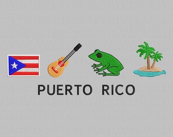 Puerto Rico Flag Machine Embroidery Design, coqui design, Puerto rico embroidery file, guitar design, 3 Sizes