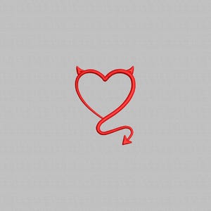 May include: A red heart-shaped design with devil horns and a tail. The heart is outlined with a continuous line, and the tail ends in an arrow. The design is set against a plain, light gray background.