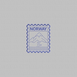 May include: A blue embroidered postage stamp design featuring the word "NORWAY" at the top. The stamp depicts a mountain range, a whale's tail, and wavy lines, all in blue thread on a light gray background.