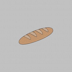 Può includere: Illustrazione di un cartone animato di una pagnotta di pane. Il pane è marrone chiaro con linee marroni più scure e una parte superiore marrone più chiara. Il pane è di forma ovale e presenta diversi tagli diagonali sulla parte superiore.