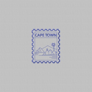 May include: A blue postage stamp design featuring the words "CAPE TOWN" at the top. The stamp depicts a landscape with mountains, buildings, and a palm tree. The stamp has a decorative, scalloped border.