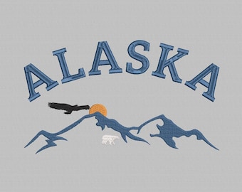 Alaska Mountains Embroidery Design: State USA, 3 Sizes (Digital Download)