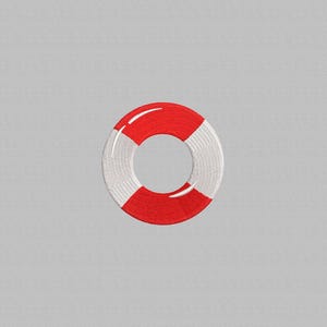 May include: Embroidered life preserver with alternating red and white sections. The circular design features a glossy red stripe around the outer edge. The life preserver is a classic nautical symbol.