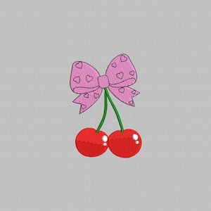 Bow Cherries Embroidery Design, Cherries Coquette Machine Embroidery, Instant Download File, Cherries Fruit Bow, 3 Sizes