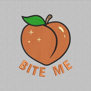May include: A peach with a green leaf and a black outline, with the text "BITE ME" below it.