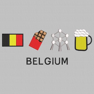 Puede incluir: Diseño bordado con la bandera belga, una tableta de chocolate, el Atomium y una jarra de cerveza. La palabra "BELGIUM" se muestra en letras negras debajo. El fondo es gris.