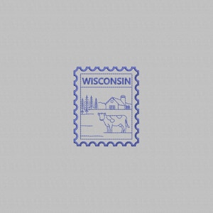 May include: A blue embroidered stamp featuring the word "WISCONSIN" at the top. The stamp design includes a cow, a farmhouse, and a group of pine trees, all in a minimalist style. The stamp has a scalloped edge.