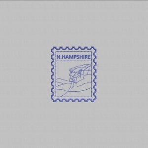May include: A blue postage stamp with a serrated edge. The stamp features a line drawing of a profile of a man's face and the text "N.HAMPSHIRE" in a rectangular frame.