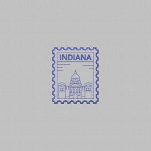 Może przedstawiać: Niebieski projekt znaczka pocztowego z napisem "INDIANA" u góry. Znaczek przedstawia szczegółowy rysunek linii budynku z kopułą, prawdopodobnie Indiana Statehouse. Znaczek ma perforowaną krawędź.
