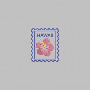 May include: A blue-bordered stamp featuring a pink hibiscus flower and the word "HAWAII" in white. The stamp has a scalloped edge on a light grey background.