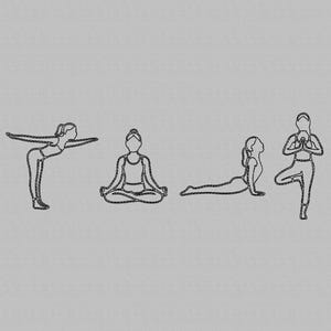 May include: A minimalist line drawing depicting four yoga poses: a forward bend, seated meditation, cobra pose, and tree pose. The black line art is set against a grey backdrop. Ideal for yoga studios or wellness-related items, the image has a clean, modern feel.