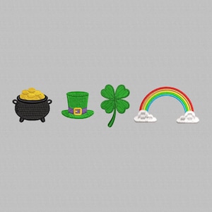 Op de afbeelding: Geborduurd St. Patrick's Day-thema ontwerp met een zwarte pot met gouden munten, een groene kabouterhoed met een paarse band, een groene klaver met vier bladeren en een regenboog met witte wolken. Het ontwerp staat op een grijze achtergrond.