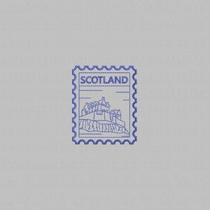 May include: A blue postage stamp featuring a castle illustration with the word "SCOTLAND" at the top. The stamp has a serrated edge and is set against a light gray background. The castle is depicted on a hill.