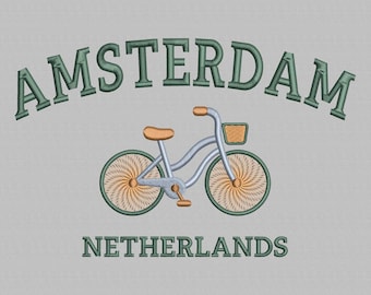 Diseño de bordado de bicicleta de Ámsterdam, patrón de ciudad de los Países Bajos (3 tamaños) (Descarga digital)