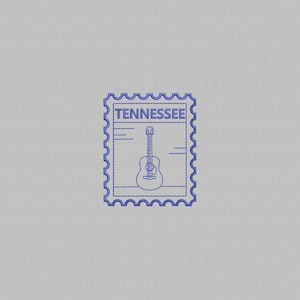 May include: A blue postage stamp design featuring the word "TENNESSEE" at the top. Inside the stamp is a line drawing of an acoustic guitar. The stamp has a scalloped edge and is set against a light gray background.
