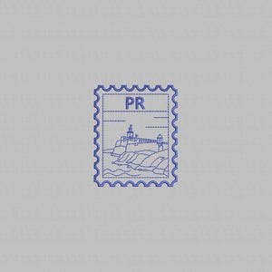 May include: A blue postage stamp design featuring a coastal scene with a lighthouse and the letters "PR". The stamp has a scalloped edge and a blank space for text. The image is set against a light gray background.