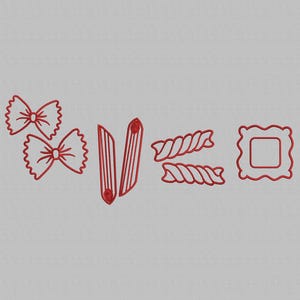Può includere: Disegni di linee rosse di varie forme di pasta, tra cui farfalle, penne e rotini, oltre a una forma quadrata di ravioli.