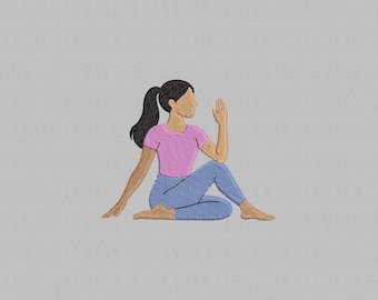 Diseño de bordado de chica practicando yoga, postura de pilates (archivo digital)