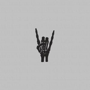 May include: Black skeletal hand making the rock and roll gesture against a gray background. The hand is detailed, showing the bones of the fingers and palm. The image has a simple, graphic design.