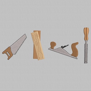 May include: An embroidered design of carpentry tools. The image shows a handsaw, two pieces of wood, a plane, and a chisel. The tools are in shades of brown and grey, set against a neutral background.