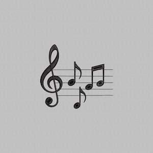 Op de afbeelding: Zwarte muzieknoten en een G-sleutel zijn geborduurd op een grijze achtergrond. De muzieksymbolen zijn gerangschikt op een notenbalk van vijf horizontale lijnen. Klassiek muziekthema.