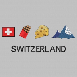 Puede incluir: Diseño bordado con la bandera suiza, una tableta de chocolate, una cuña de queso y picos montañosos. La palabra "SWITZERLAND" está bordada debajo. El diseño está sobre un fondo gris claro.