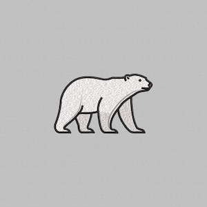 May include: A white polar bear design with black outline, walking from left to right. The bear is filled with a textured pattern, set against a light gray background. The image is a simple, stylized illustration.