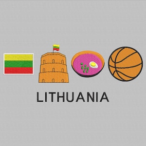 Puede incluir: Diseño bordado con la bandera lituana, un castillo, un cuenco de sopa con un huevo y una pelota de baloncesto. La palabra "LITHUANIA" está bordada debajo. El diseño está sobre un fondo gris.