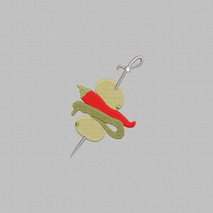 May include: Embroidered design of a cocktail garnish, featuring a red chili pepper, green olive, and two olive slices on a metal skewer. The design is set against a light gray background.
